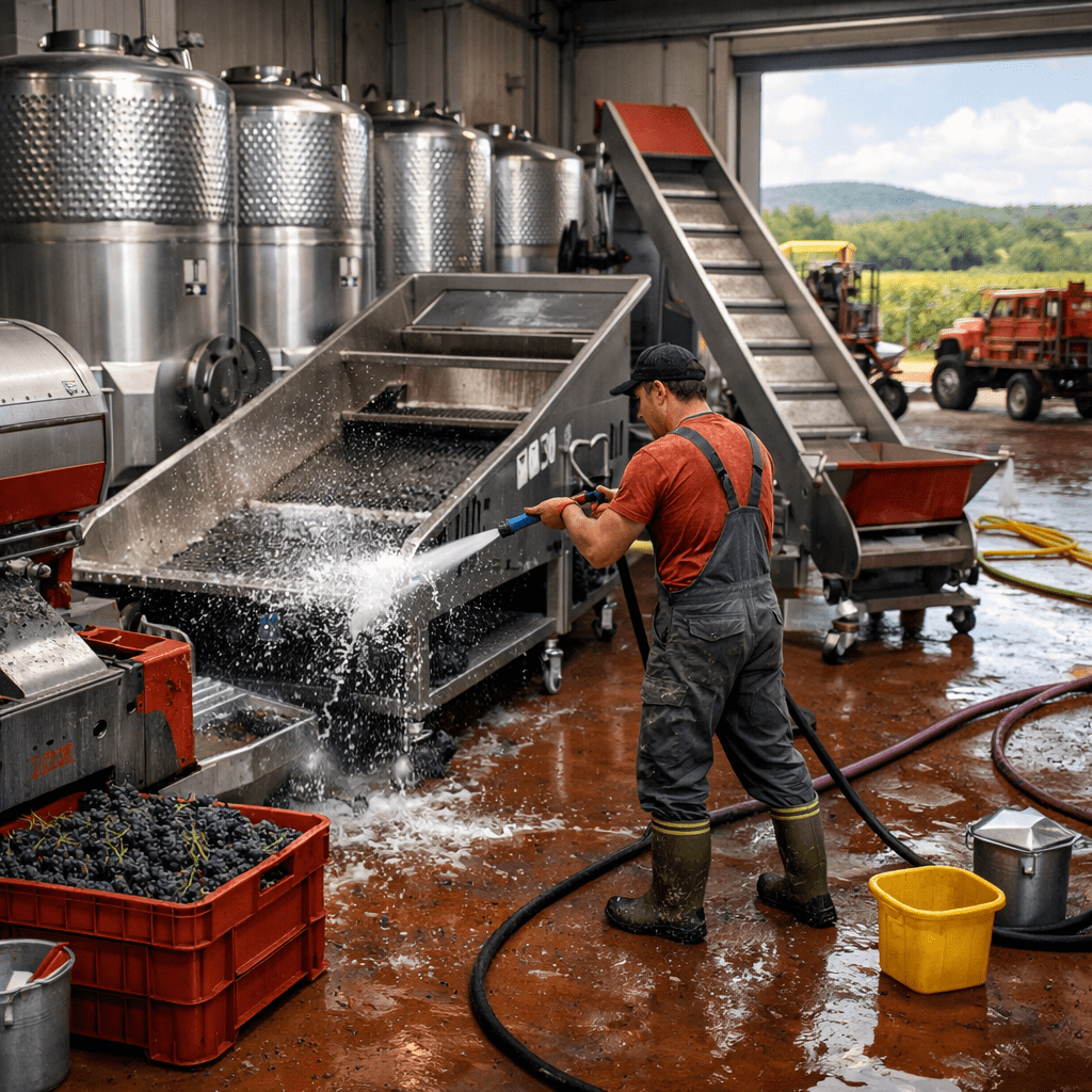 Worker using high-pressure hose to clean winery equipment